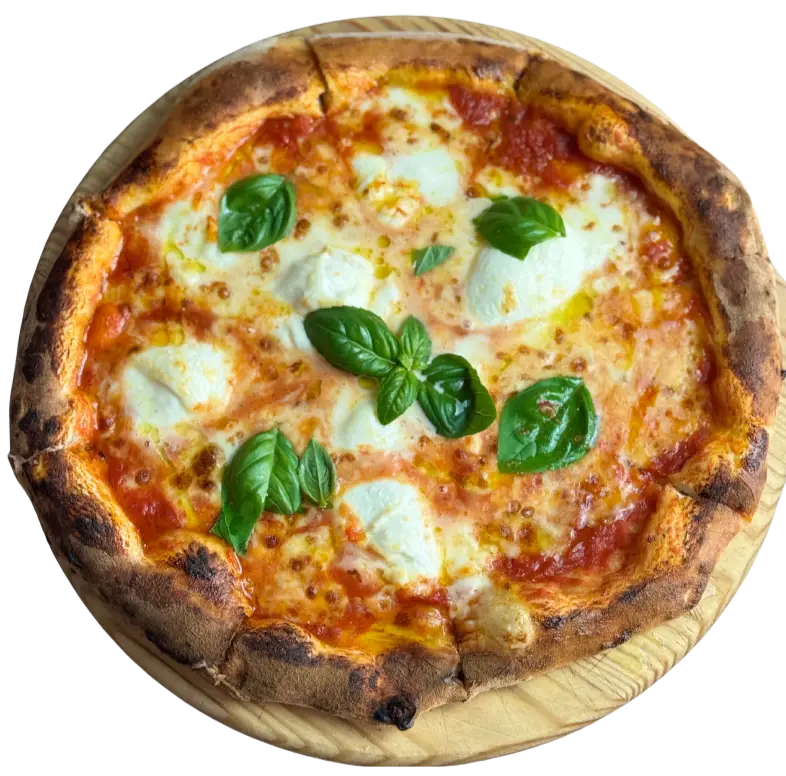 Pizza Margherita fumante in confezione Pizze Ora, con pomodoro San Marzano DOP e mozzarella filante pronta per il delivery.